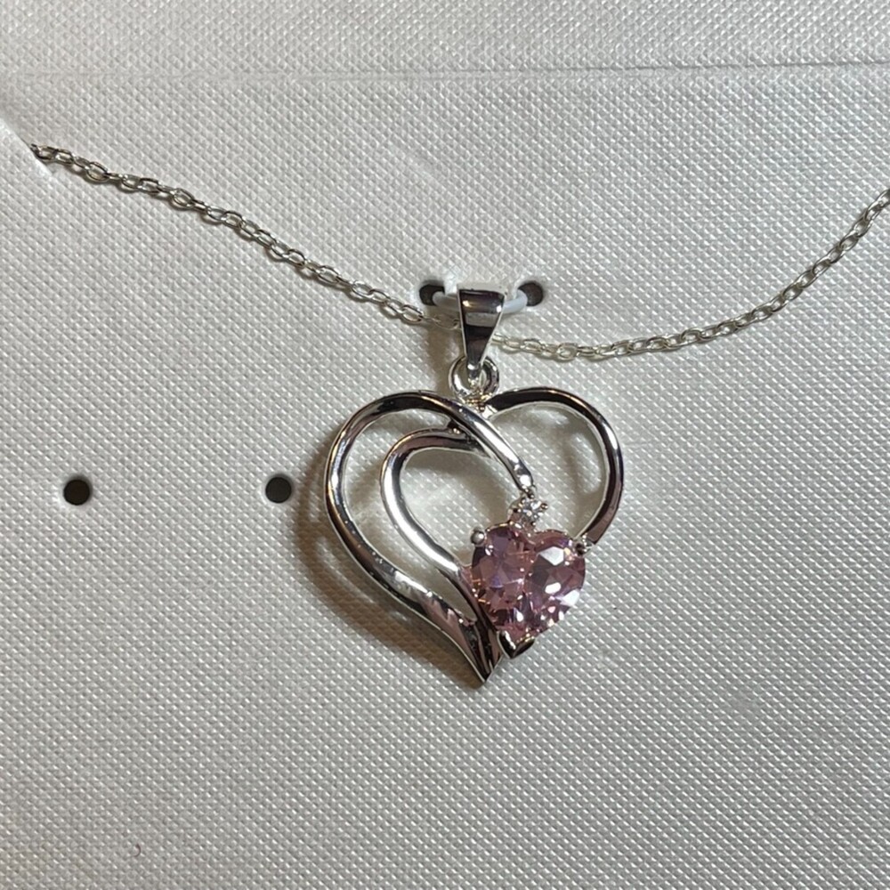 NWOT | Signed Sterling Silver Pink Stone Heart Pendant Necklace